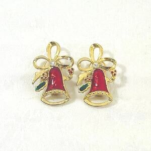 Vtg Holiday Christmas Bells Clip-on Earrings Enamel Rhinestone Gold Tone